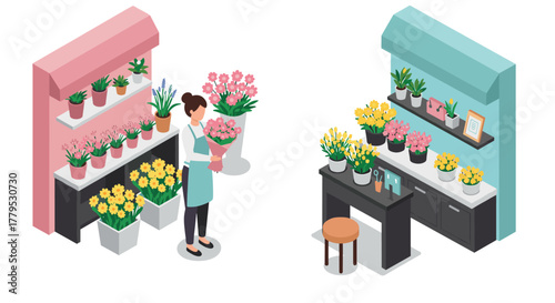 Charming flower shop display with florist in isometric view