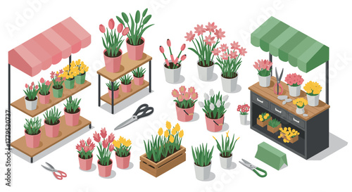 Charming flower shop isometric view colorful potted plants and gardening tools