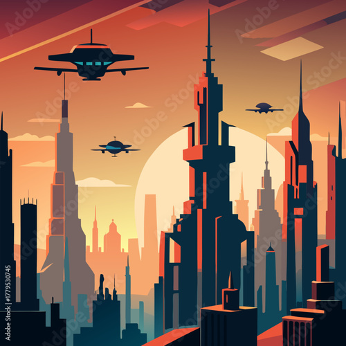 Futuristic city skyline with flying vehicles at sunset silhouette