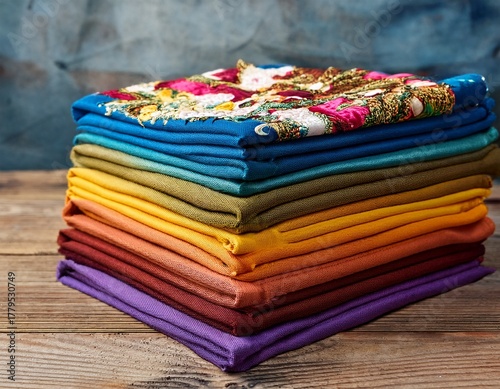 stacks of embroidered fabric in various colors are neatly arranged on a wooden surface textile composition neatness embroidery material variety