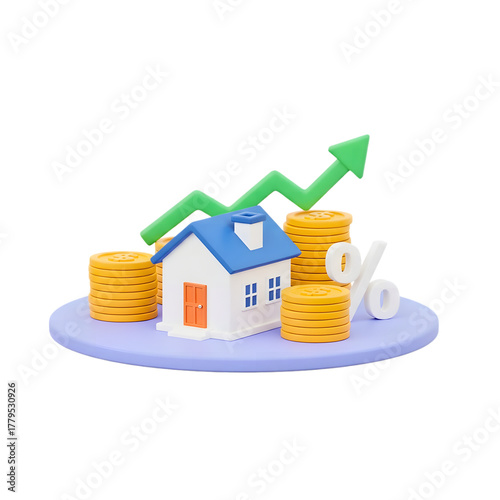 3d illustration of a house with stacked coins and an upward trending graph isolated on transparent background