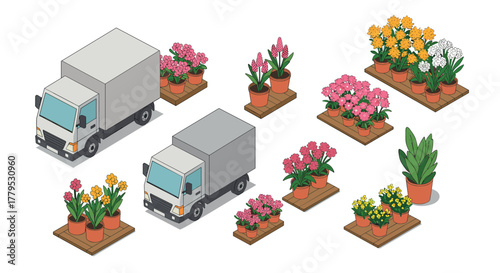 Isometric delivery trucks and potted flowers in a garden setting