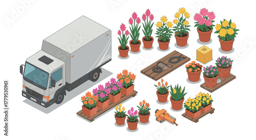 Isometric flower delivery scene with truck and potted plants