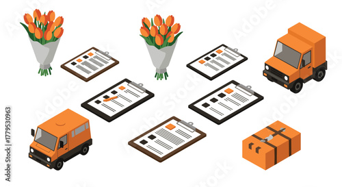 Isometric package delivery with orange trucks and tulips