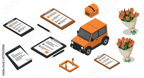 Orange themed isometric set featuring documents, car, and tulip bouquets