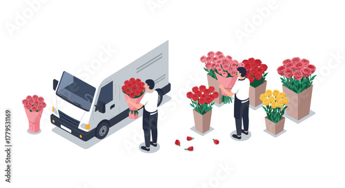 Isometric flower delivery concept with florists arranging rose bouquets near truck
