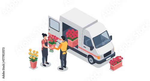 Isometric flower delivery scene with florist van and floral arrangements