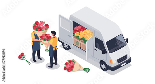 Isometric flower delivery scene with florists and bouquet van