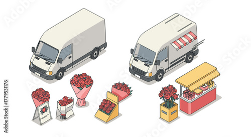 Isometric flower delivery van and market stall with bouquets and arrangements
