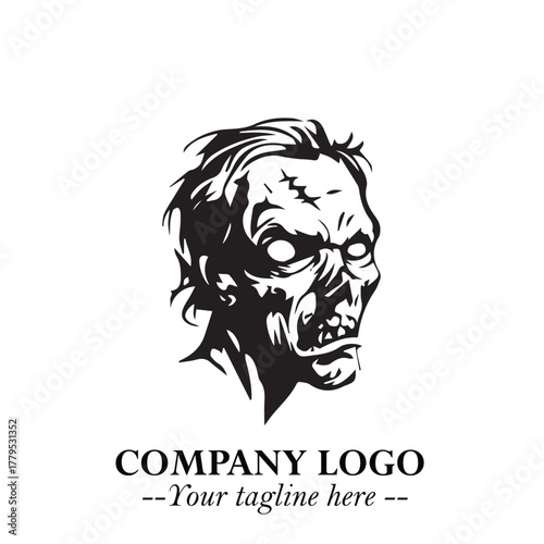 Head of Zombie Logo Symbol in Black on the White Background with Horror Minimal Vector Design