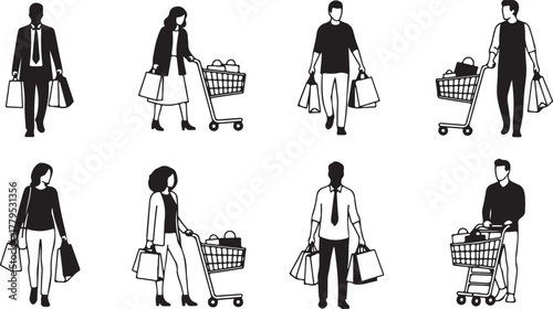 Diverse shoppers with shopping carts and bags in black and white vector