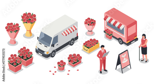 Isometric flower delivery and retail scene with vans and florists
