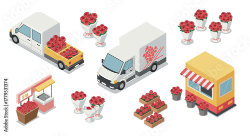 Isometric flower market with delivery vans and rose bouquets