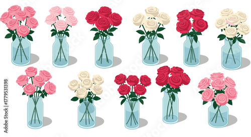 Assorted rose bouquets in vases on white background