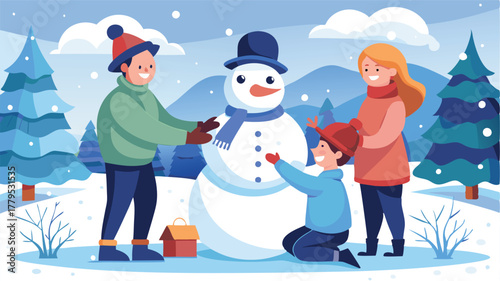 Happy family building a snowman together in a snowy winter landscape, Cherished moments of winter fun and festive holiday spirit