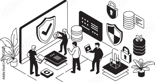 Isometric illustration of data security and protection with people working together