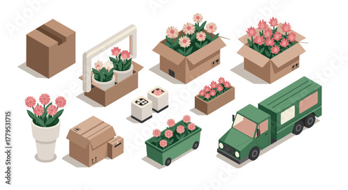 Isometric flower delivery boxes, trucks, and potted plants