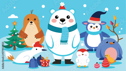 Cute cartoon polar bear, penguins, and hamster in a snowy winter scene with gifts, Adorable arctic animals celebrating the festive holiday season