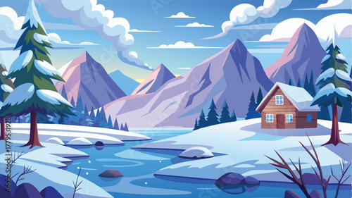 Flat design illustration of a winter mountain landscape with a cabin by a frozen river, Idyllic snowy retreat in the wilderness
