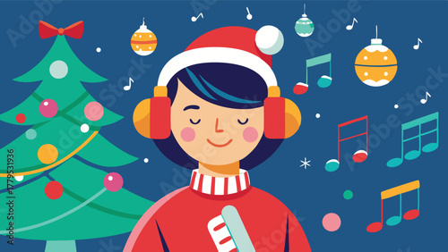 Woman with headphones listening to music in a cozy Christmas setting, Enjoying festive melodies and holiday cheer with a relaxed winter vibe
