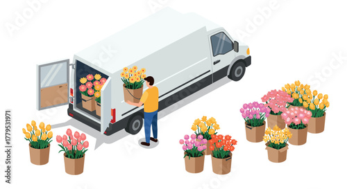 Isometric flower delivery van with man unloading colorful bouquets