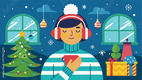 Woman with headphones listening to music in a cozy Christmas setting, Enjoying festive melodies and holiday cheer with a relaxed winter vibe