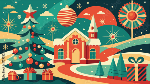 Festive winter village scene with Christmas tree and decorated house, Idyllic holiday illustration capturing the spirit of Christmas.