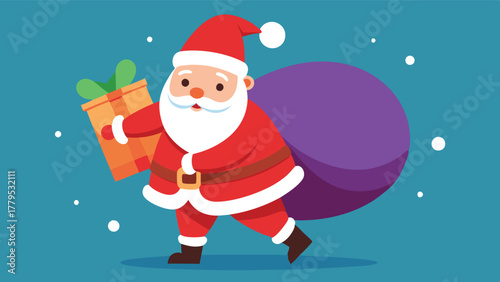 Happy Cartoon Santa Claus with Gift Sack and Christmas Trees, Jolly Christmas Giver Spreading Holiday Cheer