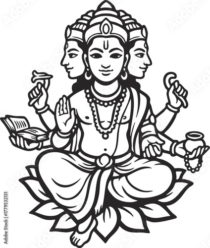 vector Illustration of Hindu God Brahma with Three Faces