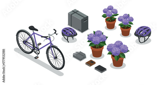 Isometric bicycle with purple helmets and flowers in pots