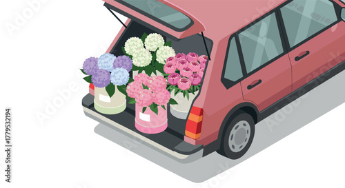Colorful bouquets in car trunk fresh floral arrangement transport in isometric style