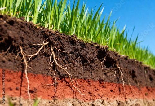 A close up view of soil layers with green grass and roots against a clear blue sky background
