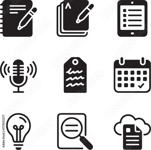 Nine detailed digital note taking icons with transparent background digital notes symbols