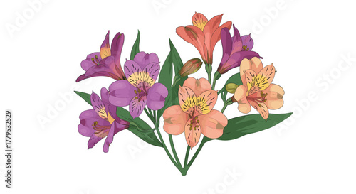 Vibrant bouquet of alstroemeria flowers with lush green leaves