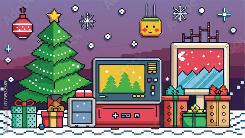Pixel art Christmas scene with retro TV, presents, and tree, A nostalgic 8-bit holiday gaming experience