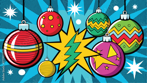 Pop art Christmas ornaments with Brazilian flag design and festive patterns, Vibrant holiday celebration with a global touch, comic book style festive decor