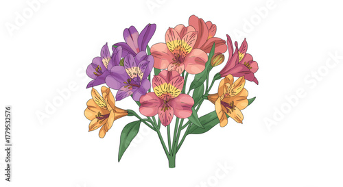 Colorful bouquet of alstroemeria flowers with green leaves on white background