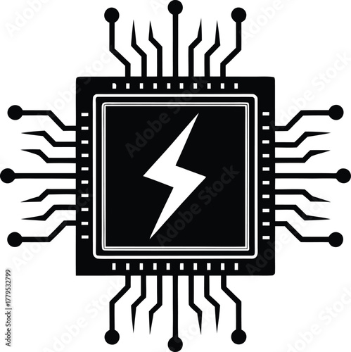 Processor chip with lightning bolt icon electronic circuit board technology symbol