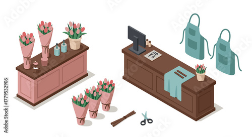 Isometric flower shop interior with tulip bouquets and tools on counters