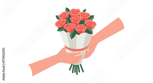Hands exchanging bouquet of roses in minimalist style