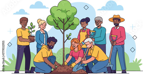 Diverse Group Planting a New Tree Together