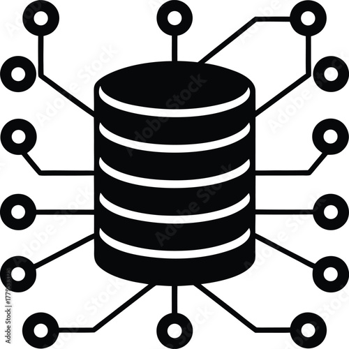 Database server with interconnected lines and circles on transparent background