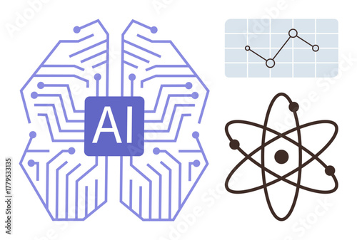 AI brain with circuits, atomic structure, and data graph connecting science, technology, AI, data analysis, research, machine learning and innovation. Ideal for tech science data research