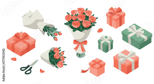 Colorful floral bunches and gift boxes in isometric style with scissors