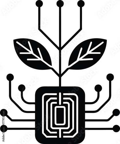 Abstract icon representing bio digital processing with plant and microchip connection