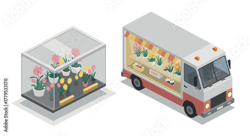 Isometric flower shop in truck with greenhouse display