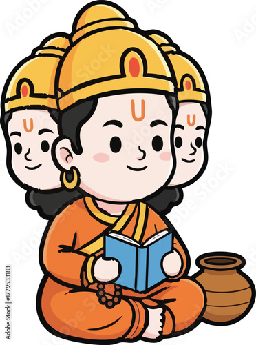 vector Illustration of Hindu God Brahma with Three Faces