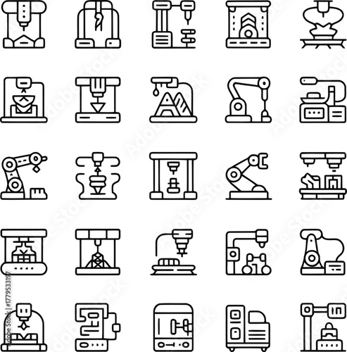 Set of industrial automation and 3D printing machine icons Keywords: 3D printer, 3D printing, additive manufacturing, industrial robot, robotic