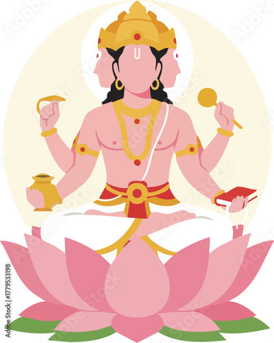 vector Illustration of Hindu God Brahma with Three Faces