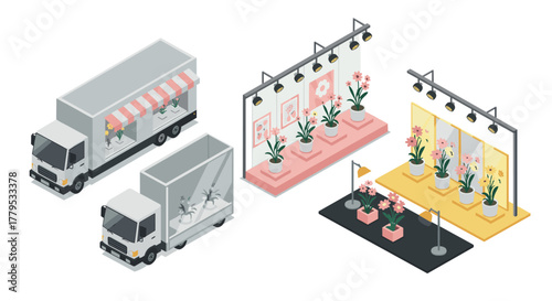 Isometric flower shop scene with delivery trucks and display stands